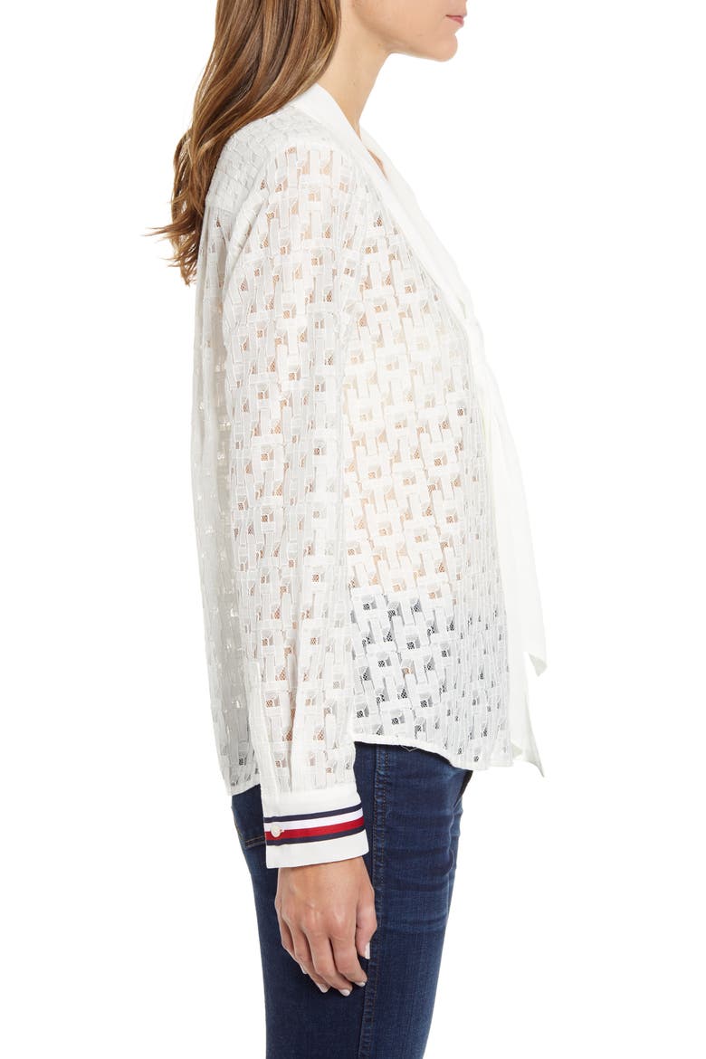 Tie Front Lace Button Up Top, Alternate, color, BRIGHT WHITE