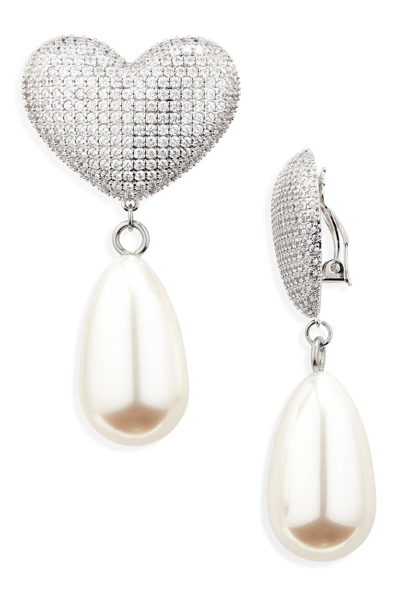 Frances Pavé Crystal Heart & Faux Pearl Clip-On Earrings, Main, color, SILVER PEARL