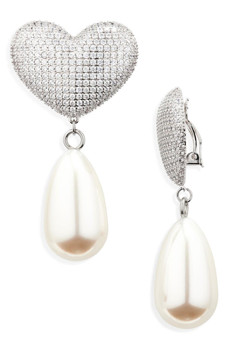 Julietta Frances Pavé Crystal Heart & Faux Pearl Clip-On Earrings, Main, color, Silver Pearl