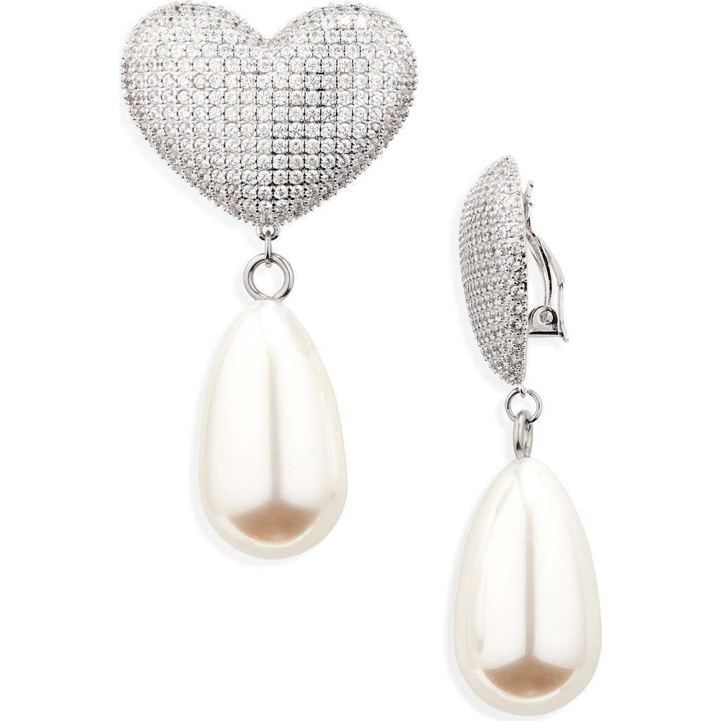 Julietta Frances Pavé Crystal Heart & Faux Pearl Clip-on Earrings In Silver Pearl