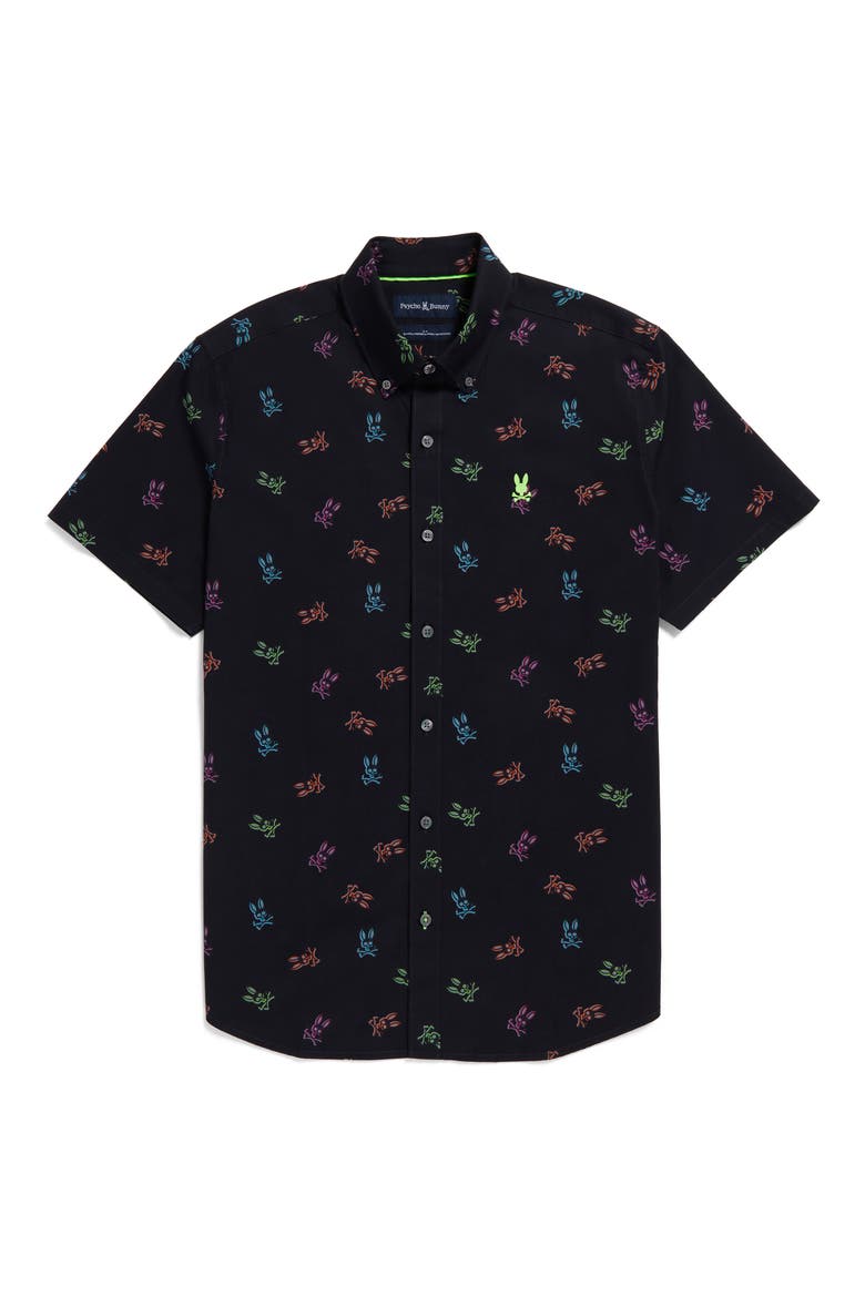 Bunny Print Stretch Short Sleeve Button-Down Shirt, Alternate, color, BLACK