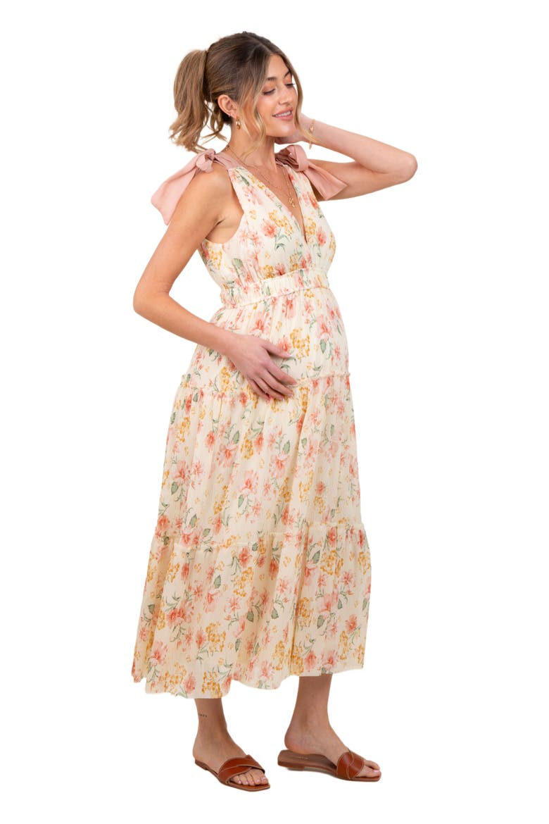 Floral Shoulder Tie Deep V-Neck Tiered Maxi Dress, Alternate, color, Cream