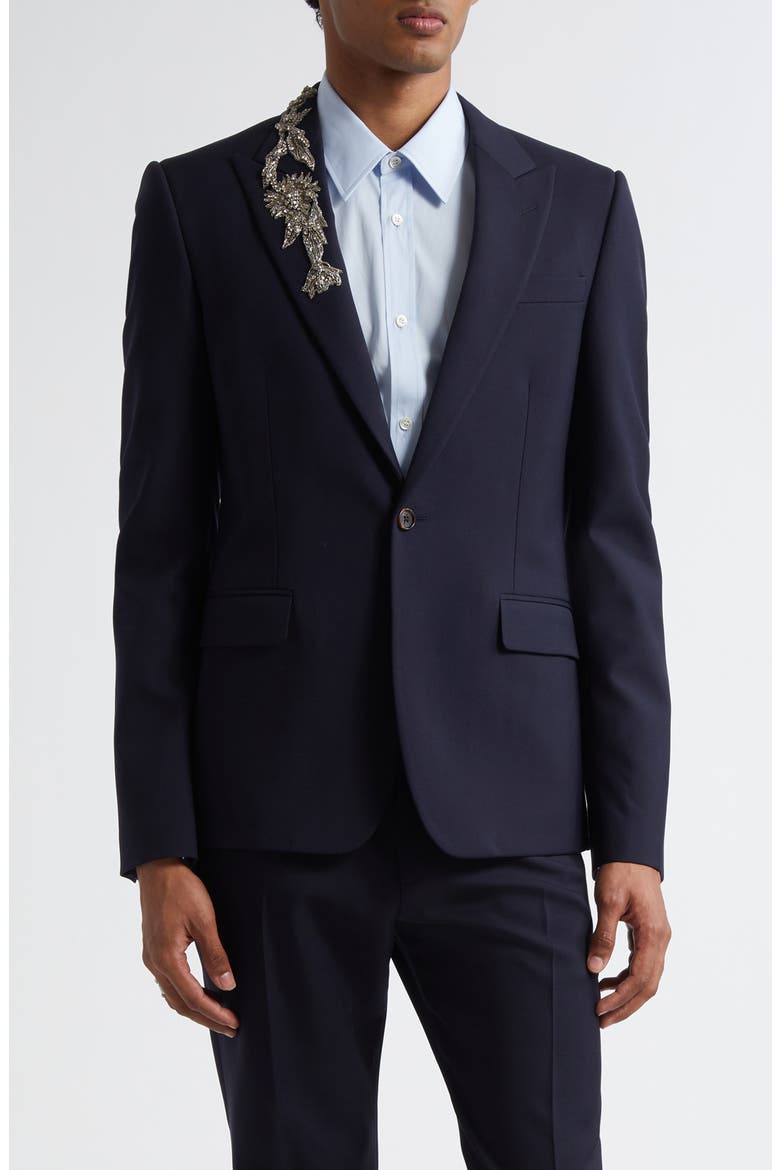 Crystal Embellished Peak Lapel Wool Sport Coat, Main, color, NAVY