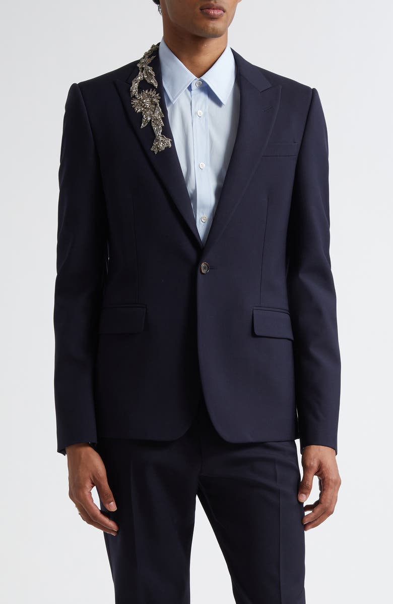 McQueen Crystal Embellished Peak Lapel Wool Sport Coat, Main, color, Navy