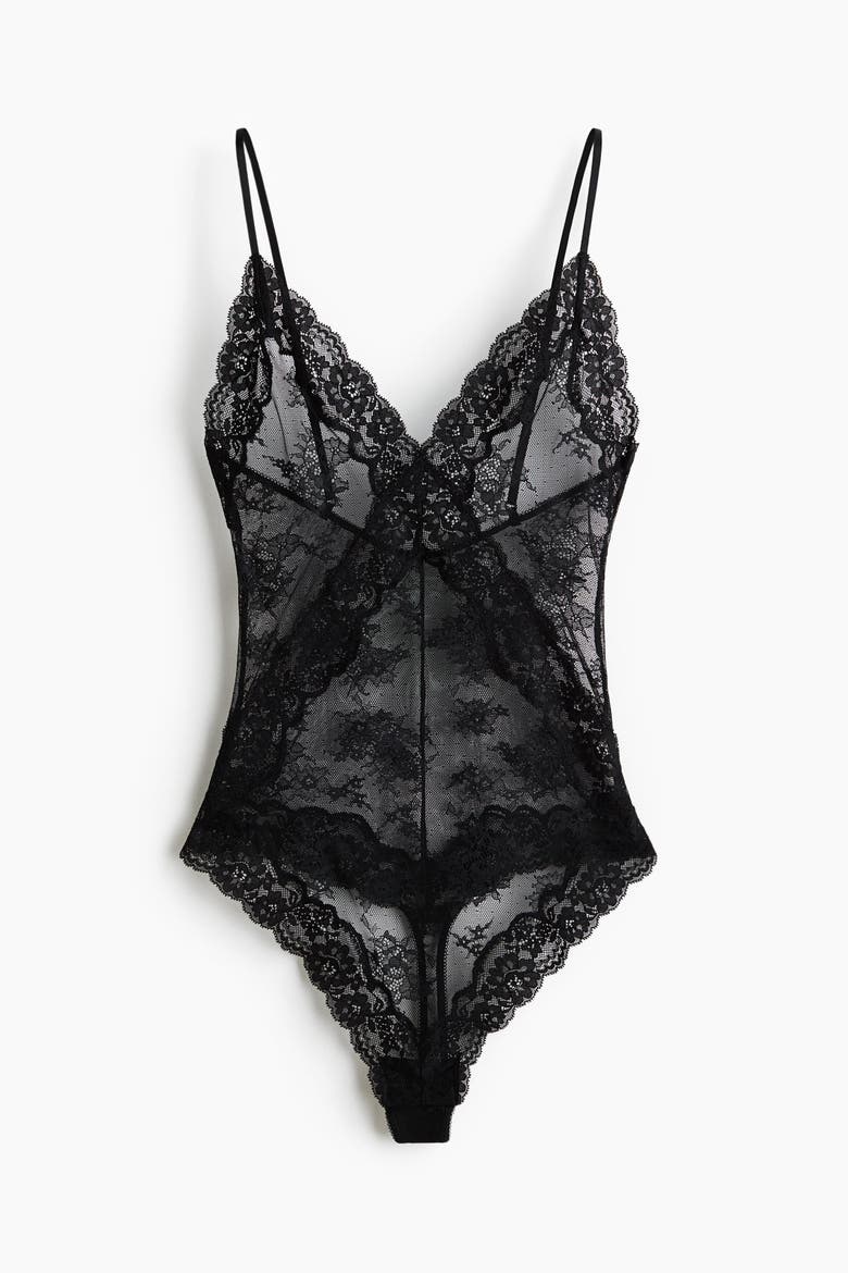 Lace Thong Bodysuit, Alternate, color, Black