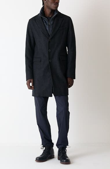 Herno Wool Blend Herringbone Topcoat with Removable Insulated Bib