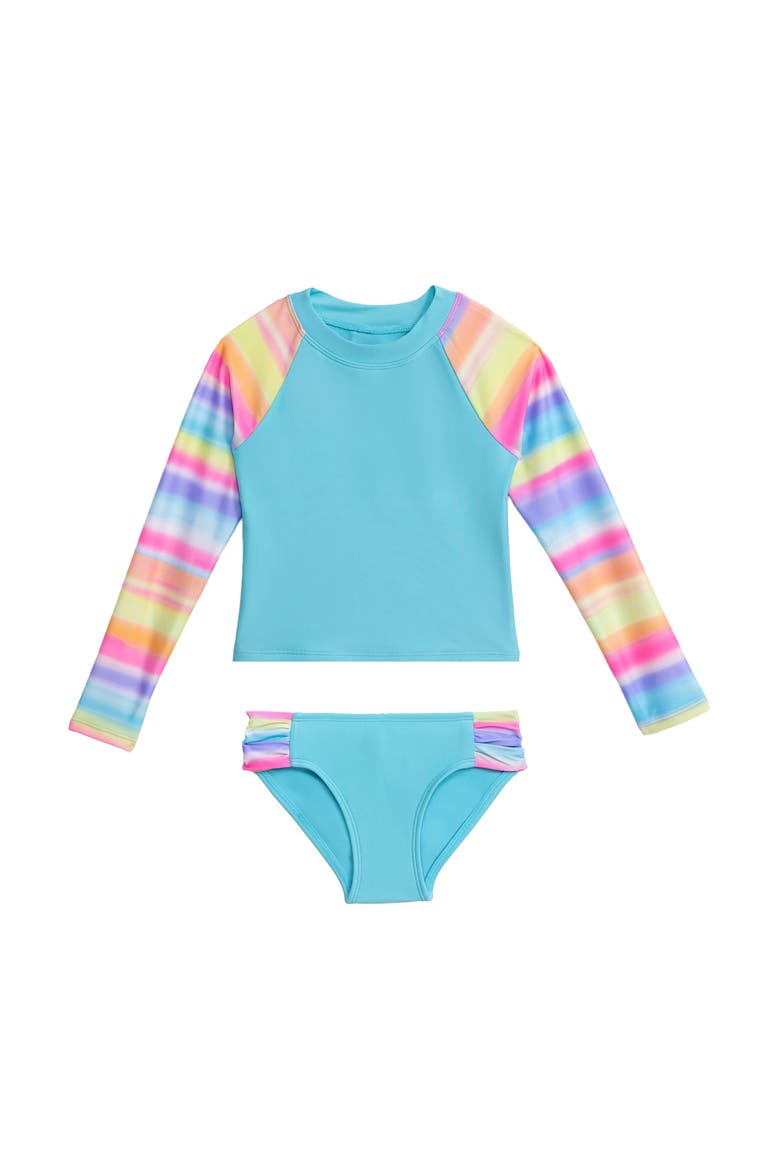 Little Girls Longsleeve Rashguard 2-Piece Swimwear Set, Main, color, Brush Stroke Stripe