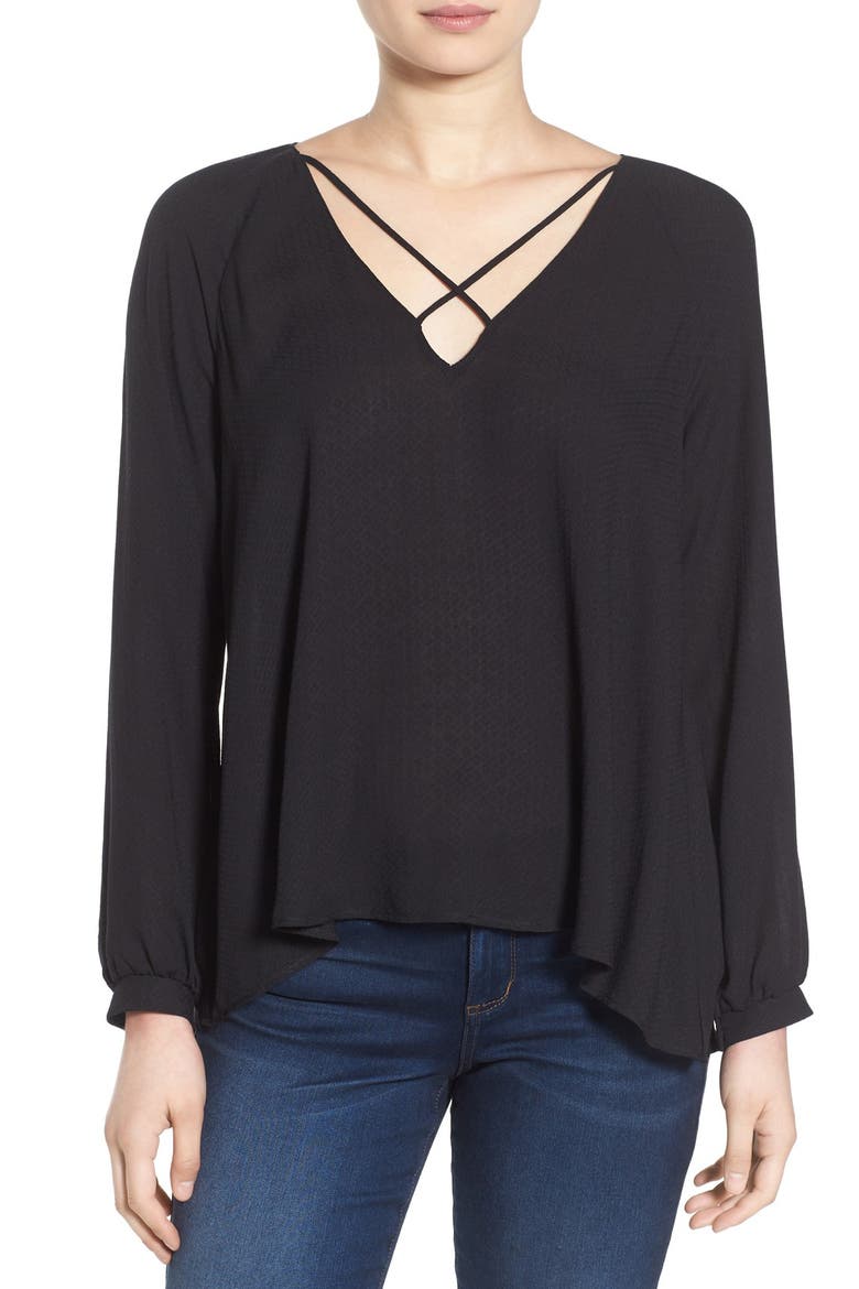 Strappy Long Sleeve Woven Blouse, Main, color, BLACK