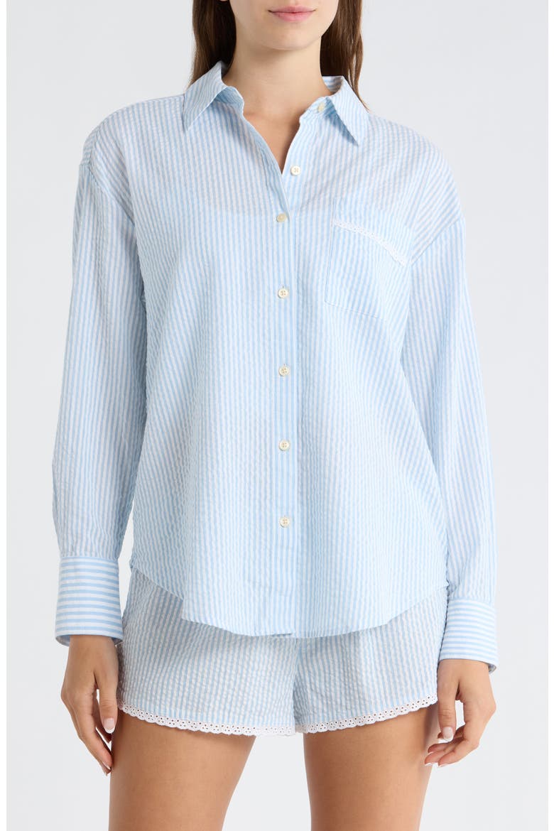 Eyelet Trim Seersucker Cotton Pajama Top, Main, color, WHITE- BLUE HICKORY STRIPE