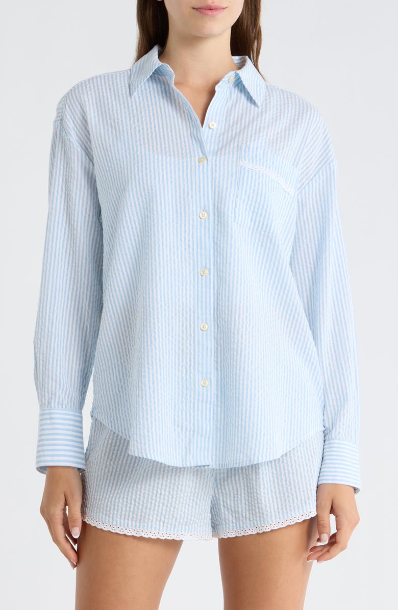 Open Edit Eyelet Trim Seersucker Cotton Pajama Top, Main, color, White- Blue Hickory Stripe
