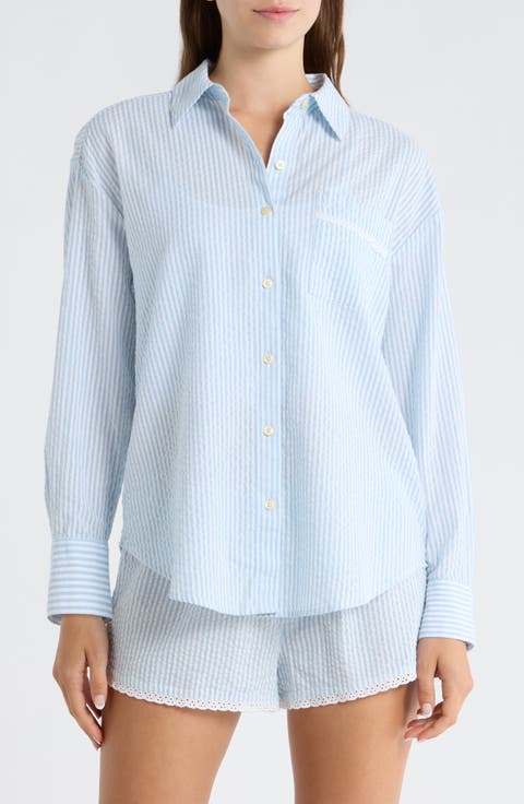 Eyelet Trim Seersucker Cotton Pajama Top