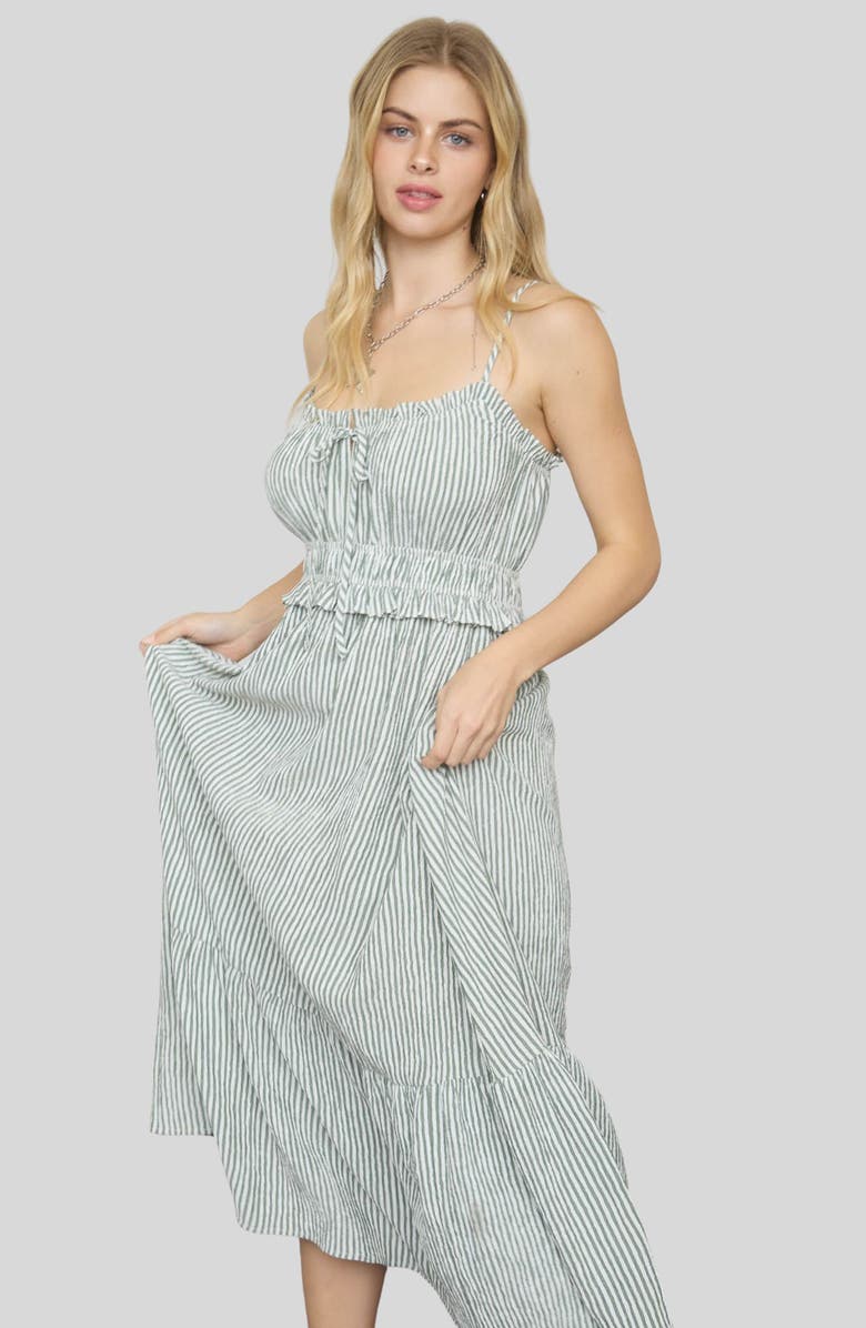 Blu Pepper Stripe Ruffle Shirred Seersucker Midi Dress, Alternate, color, Green