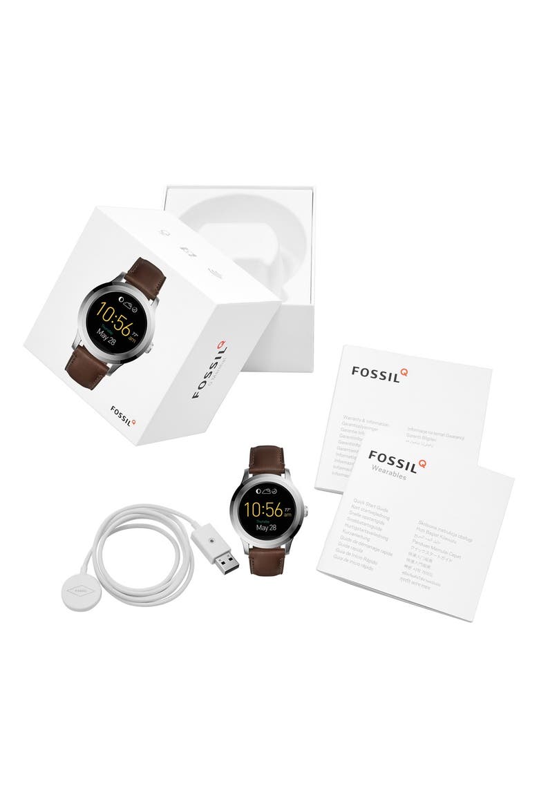 Founder Leather Strap Digital Smart Watch, 46mm, Alternate, color, DARK BROWN/ GREY