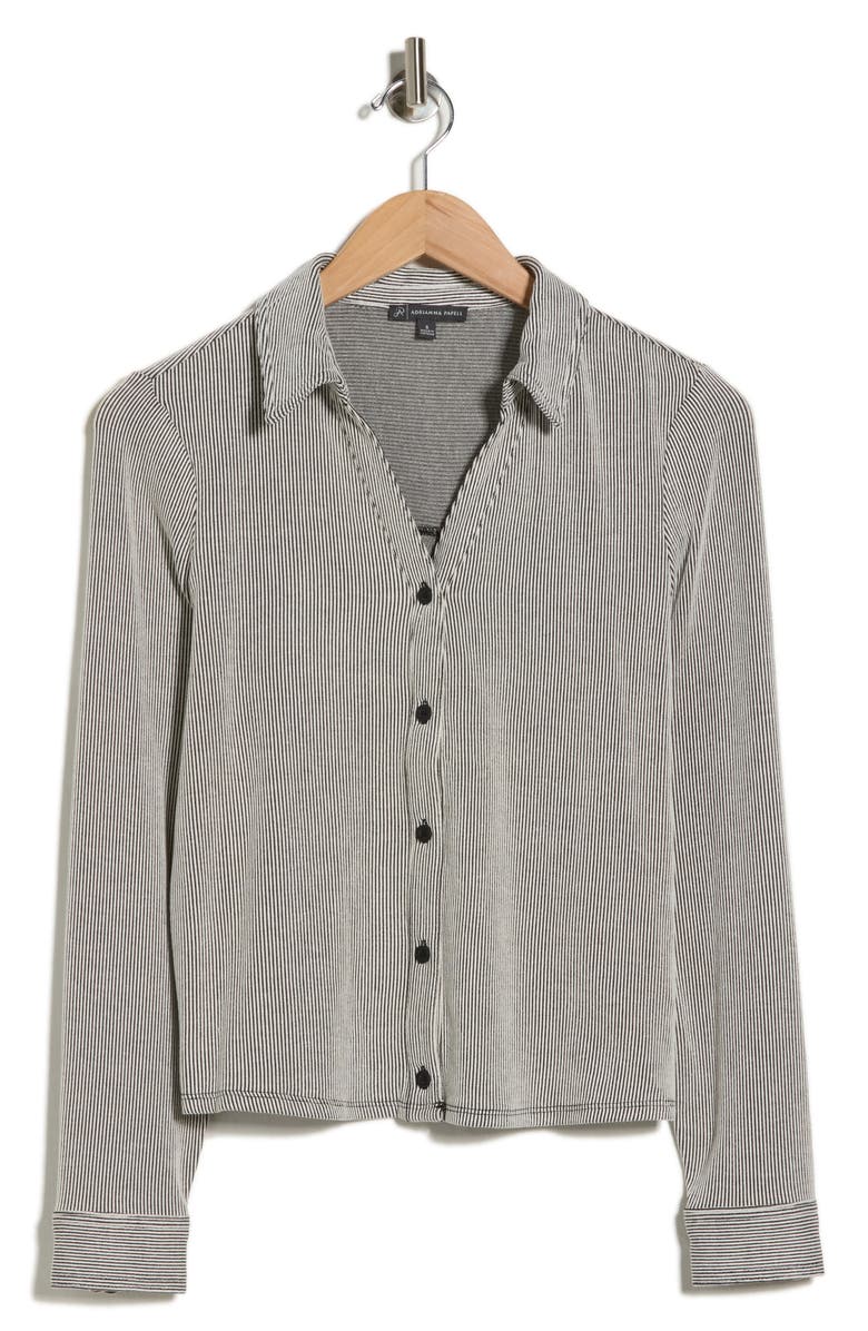 Adrianna Papell Stripe Crop Button-Up Shirt, Alternate, color, Black/ Ivory Micro Stripe