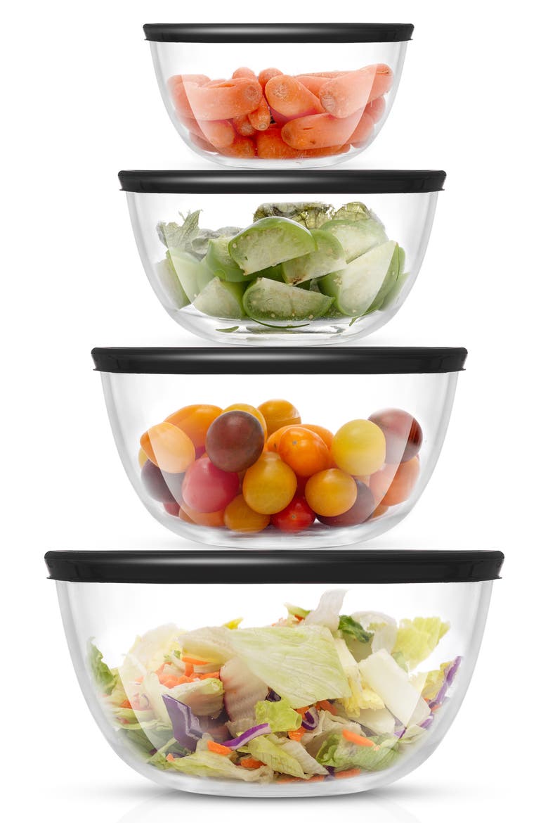 Set of 4 Thick Glass Mixing Bowls with Airtight Lids, Main, color, BLACK