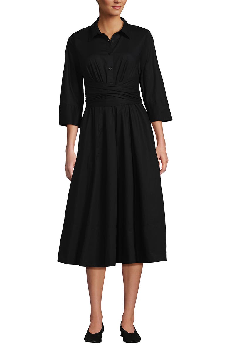 Lands' End Poplin Midi Wrap Front Dress, Main, color, Black