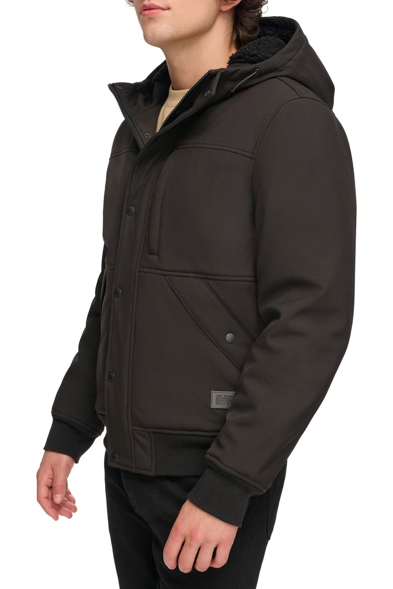 Faux Shearling Lined Soft Shell Bomber Jacket, Alternate, color, BLACK