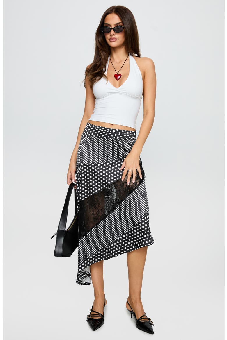 Midnight Memories Mixed Polka Dot & Lace Asymmetric Midi Skirt, Alternate, color, BLACK MULTI