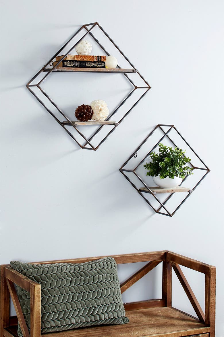 Black Metal Diamond-Shaped Wall Shelf - Set of 2, Alternate, color, BLACK