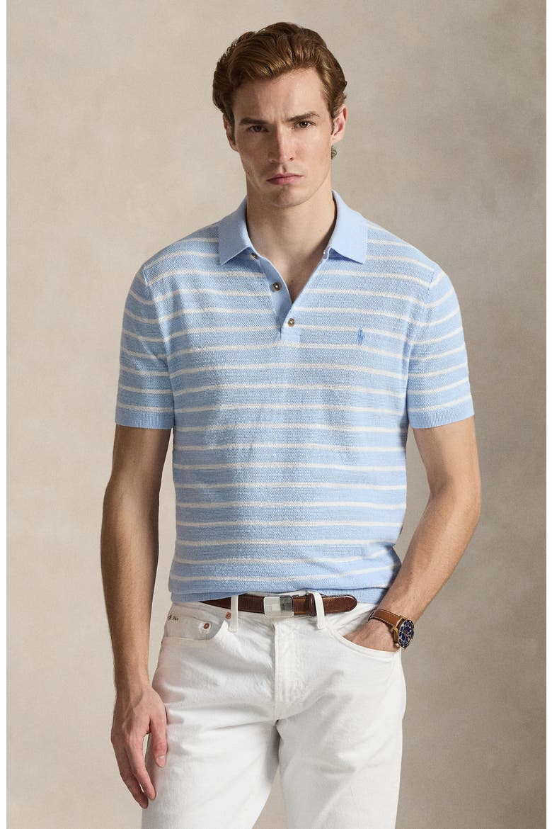 Stripe Cotton & Linen Polo Sweater, Alternate, color, OFFICE BLUE COMBO