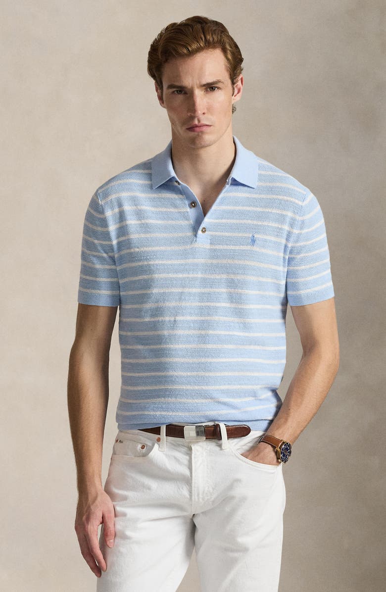 Polo Ralph Lauren Stripe Cotton & Linen Polo Sweater, Alternate, color, Office Blue Combo