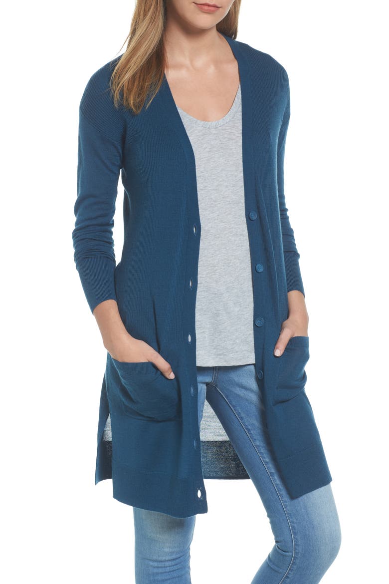 LONG SLEEVE RIB CARIDGAN, Main, color, BLUE CERAMIC