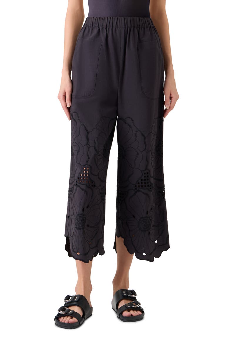 Flower Eyelet Cotton Poplin Crop Pants, Main, color, BLACK