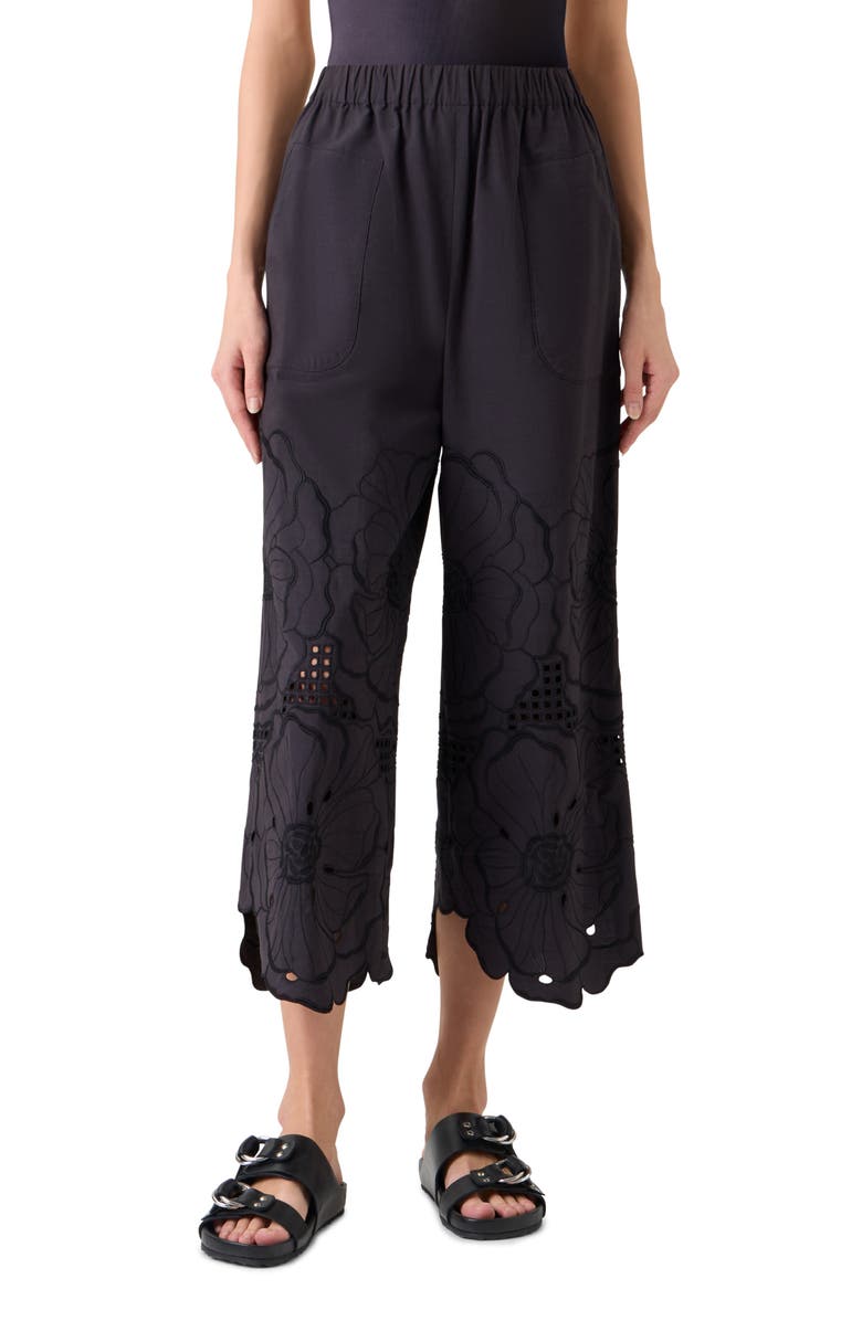 Akris punto Flower Eyelet Cotton Poplin Crop Pants, Main, color, Black