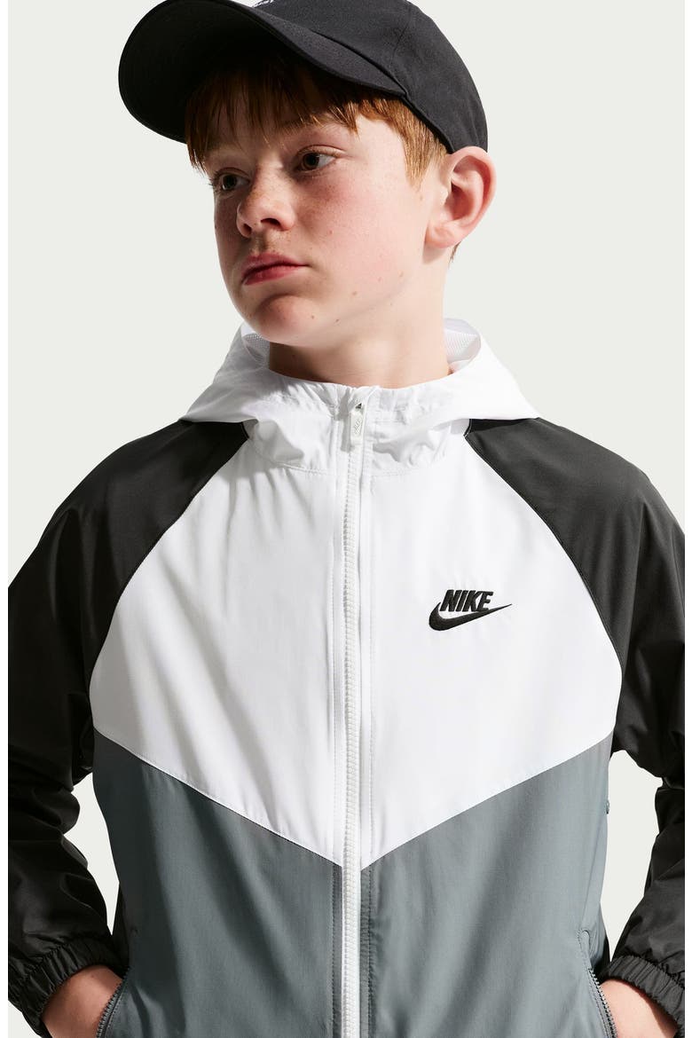 Kids' Windrunner Water Repellent Hooded Zip-Up Jacket, Alternate, color, 100 WHITE/SMOKE GREY/BLACK/BLK
