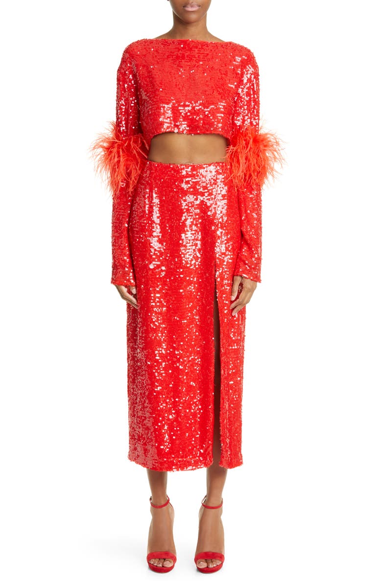 LAPOINTE Side Slit Sequin Midi Skirt, Alternate, color,