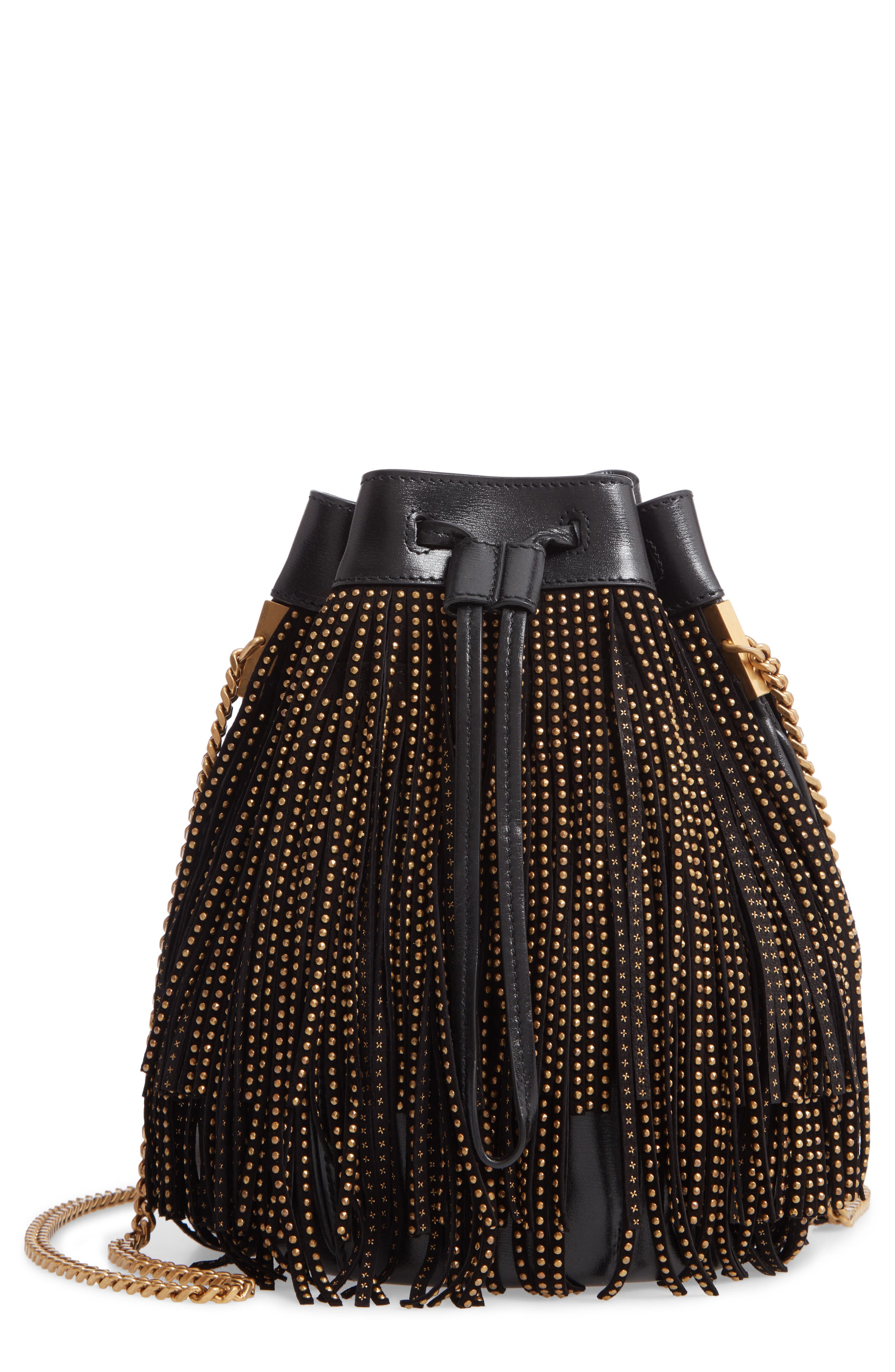 Saint Laurent Talitha Studded Fringe Leather Bucket Bag, Main, color, 