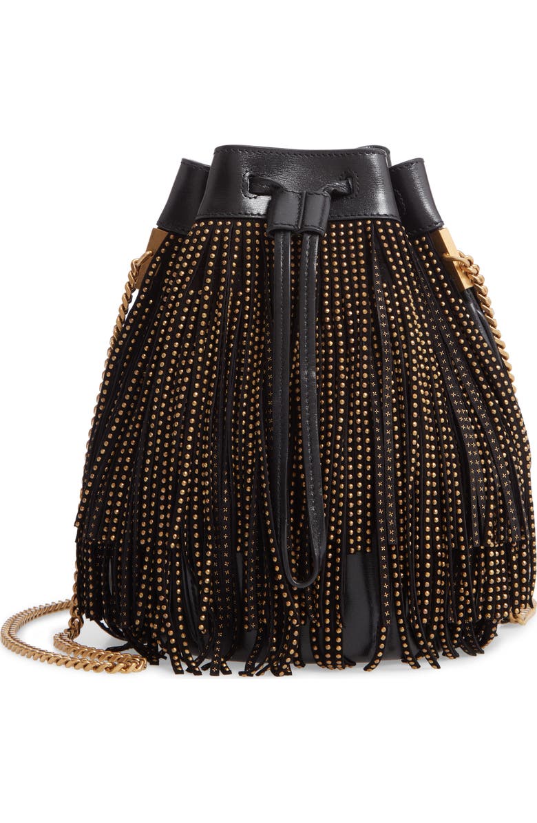 Saint Laurent Talitha Studded Fringe Leather Bucket Bag, Main, color,