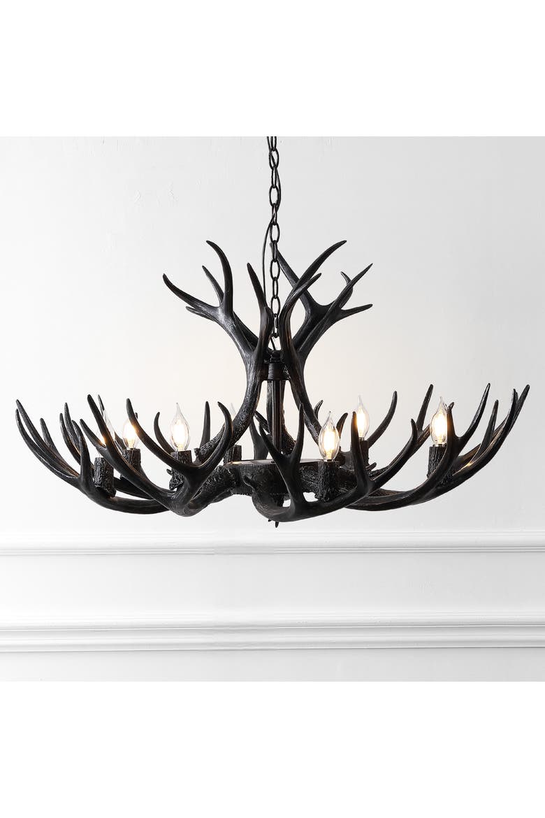 Eldora 36" 8-Light Rustic Farmhouse Adjustable Resin Antler LED Chandelier, Brown, Alternate, color, Black