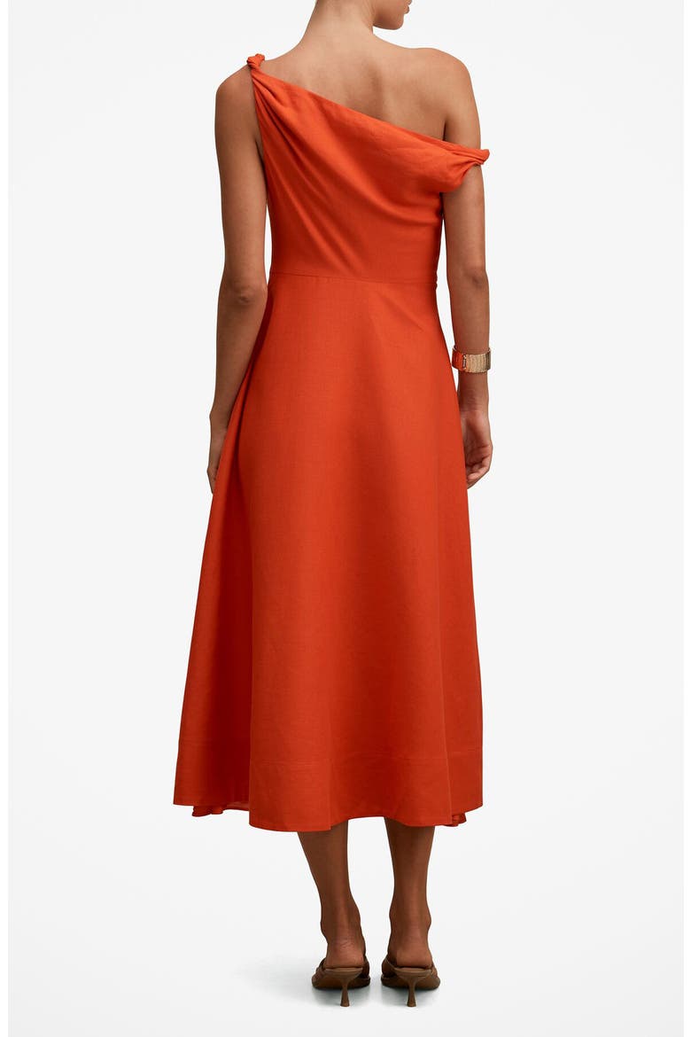 Vinetta One-Shoulder Linen Blend Midi Dress, Alternate, color, SPICY ORANGE