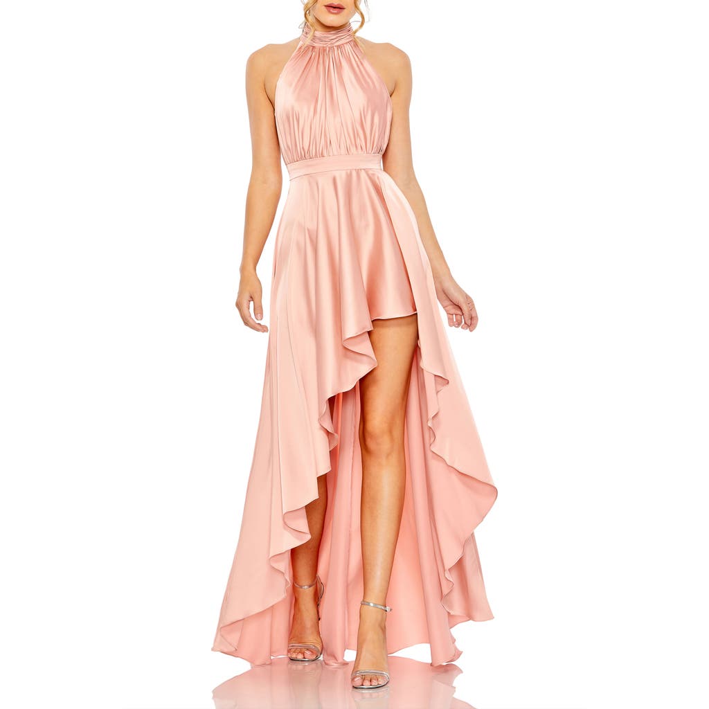Mac Duggal High Neck Satin High Low Gown In Rose