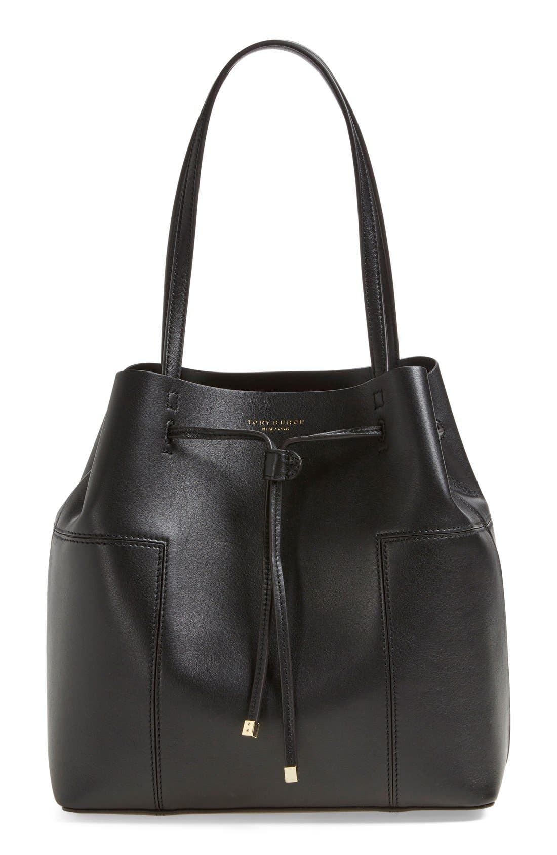 Tory Burch 'Block-T' Leather Drawstring Tote, Main, color, 
