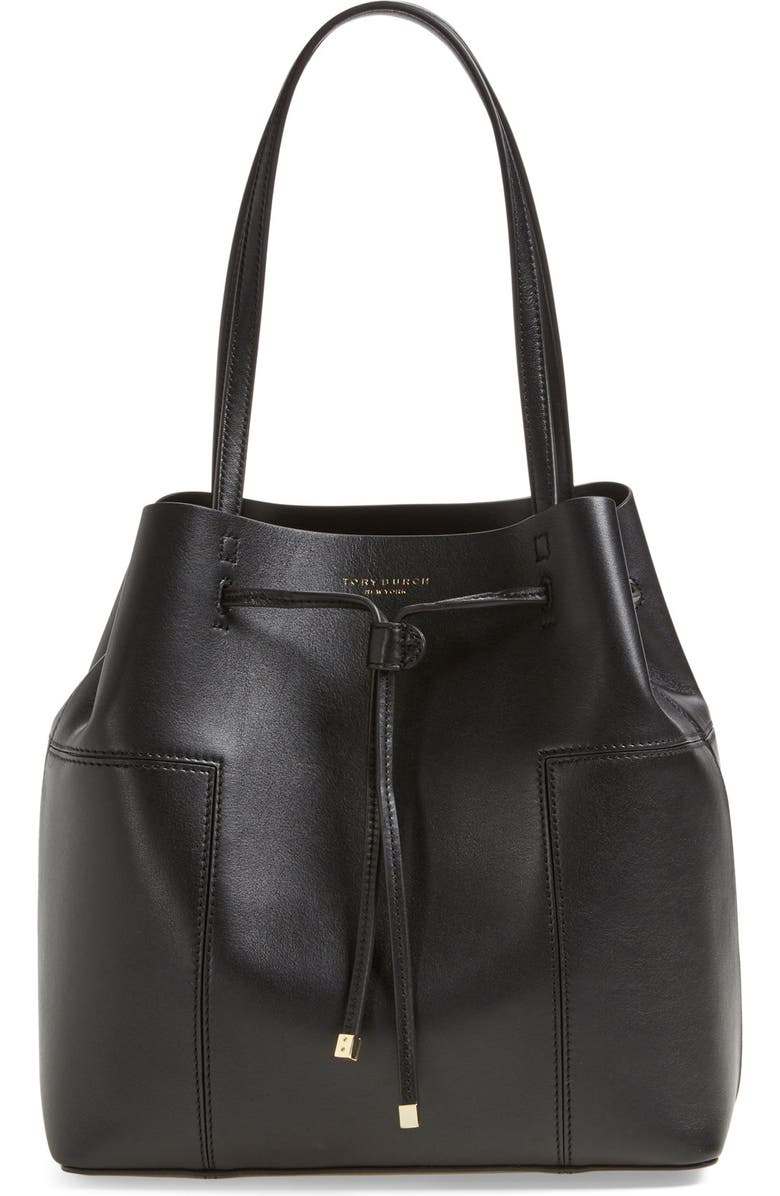 Tory Burch 'Block-T' Leather Drawstring Tote, Main, color,