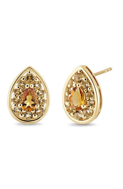 14K Yellow Gold Pear Cut Citrine Halo Stud Earrings