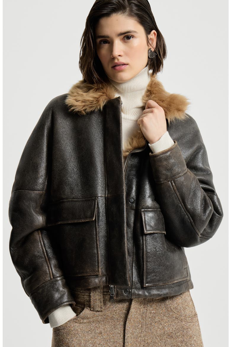 Vintage-effect shearling aviator jacket with monili, Alternate, color, Vintage Brown