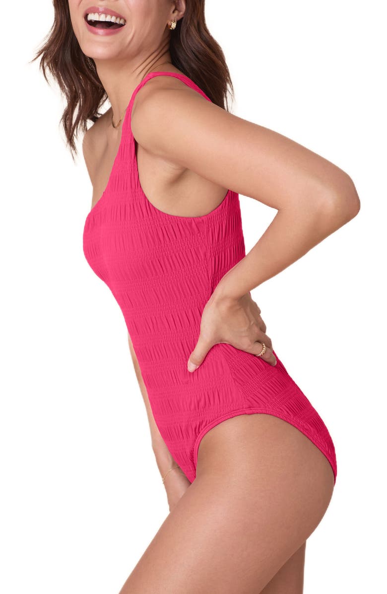 Andie Monte Smocked One-Shoulder One-Piece Swimsuit, Alternate, color, Bright Begonia