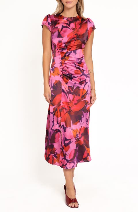 Lisbeth Floral Cap Sleeve Satin Midi Dress