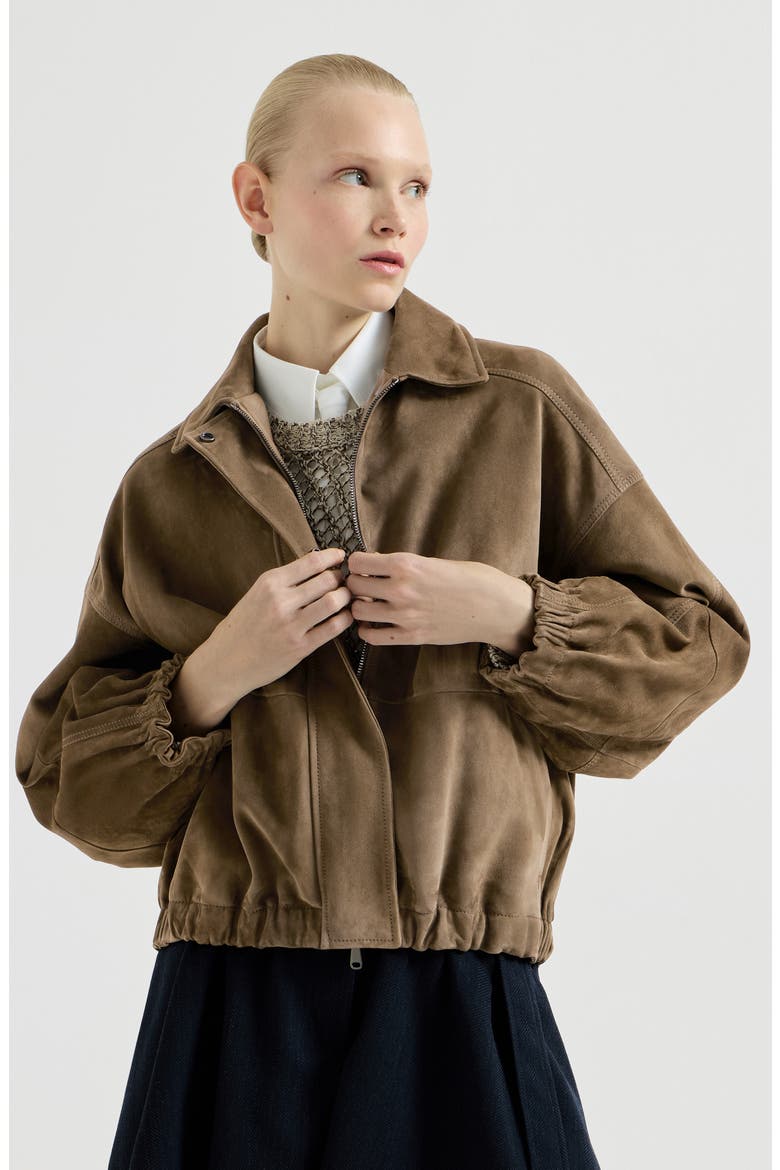 Couture suede outerwear jacket with shiny zipper pull, Main, color, Origano