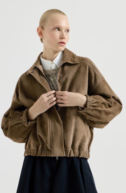 Couture suede outerwear jacket with shiny zipper pull