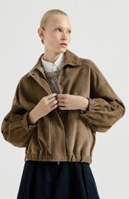 Brunello Cucinelli Couture suede outerwear jacket with shiny zipper pull