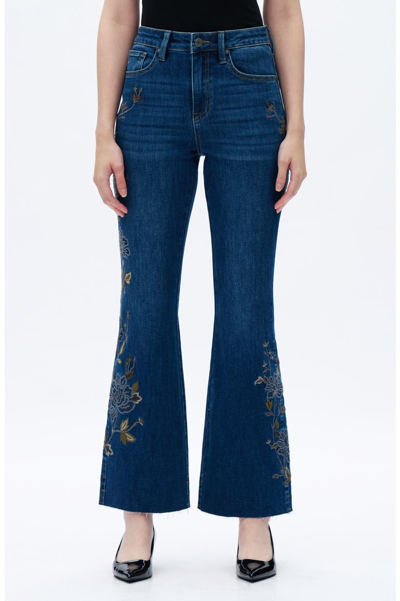 Embroidered Raw Hem High Waist Flare Jeans, Main, color, DARK BLUE