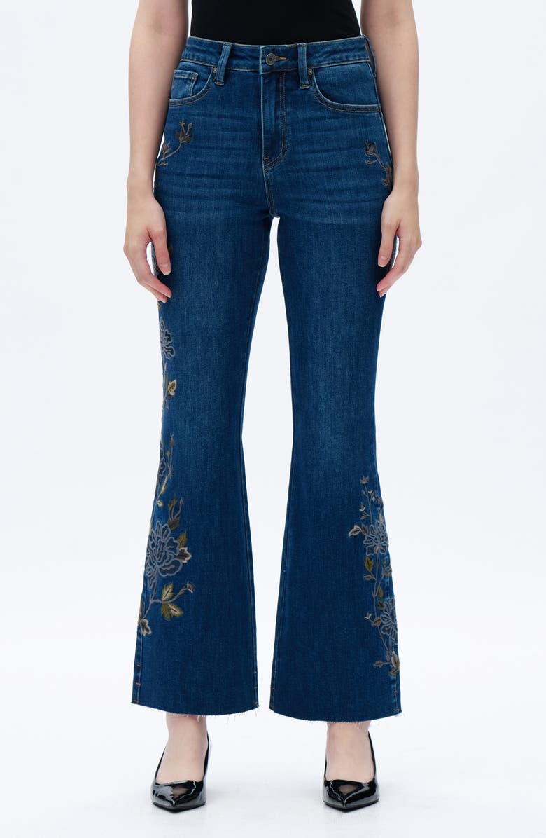 Bayeas Embroidered Raw Hem High Waist Flare Jeans, Main, color,