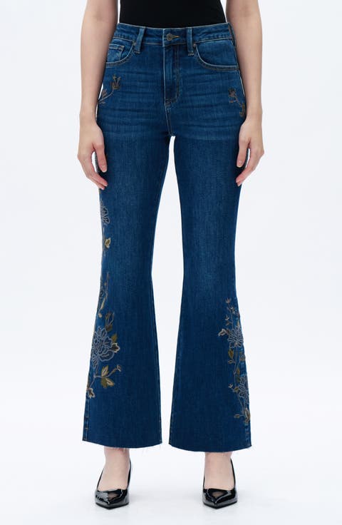Embroidered Raw Hem High Waist Flare Jeans