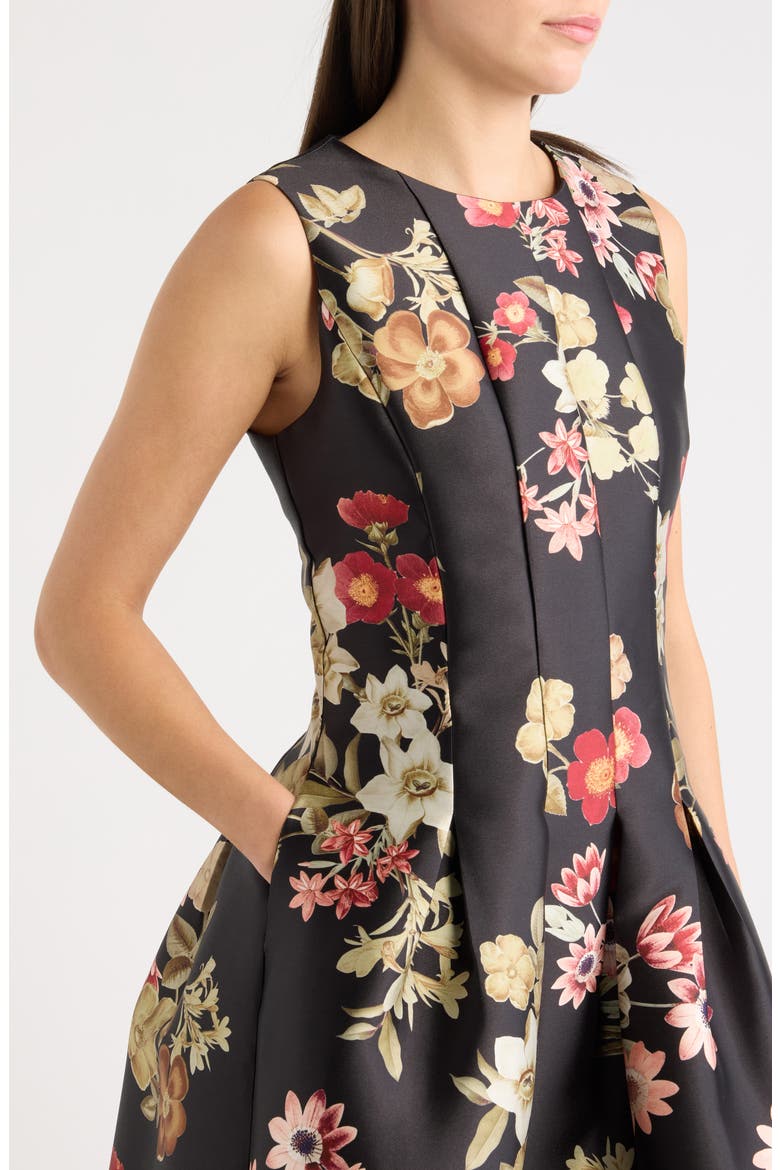 Floral Print Pleated Cocktail Dress, Alternate, color, BLACK MULTI