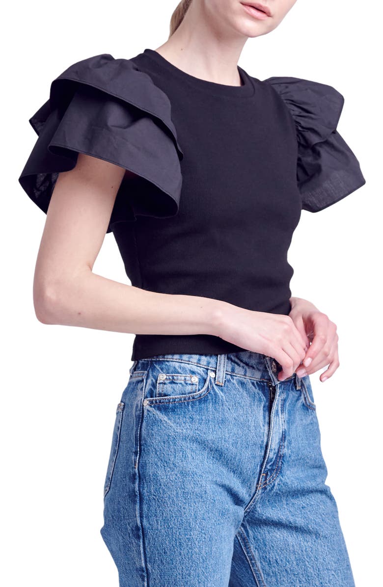 English Factory Mix Media Ruffle Sleeve Cotton Rib Top, Alternate, color, Black