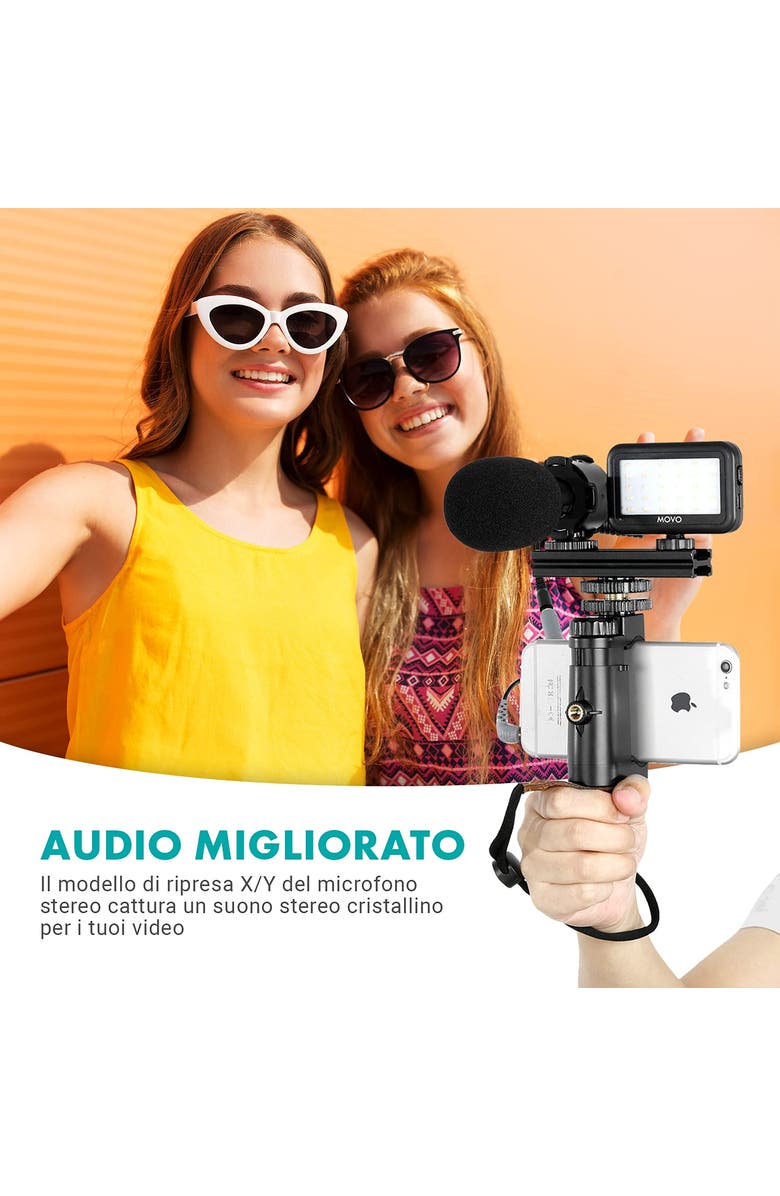 MOVO V7+ YouTube Starter Kit - Vlogging Kit for iPhone with Tripod, Grip, Stereo Microphone, LED Light and Remote, Alternate, color, Black